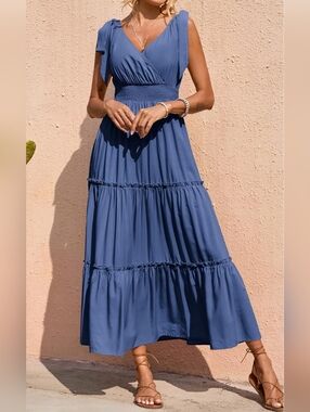 Blue Tiered Smocked-Waist Maxi Dress